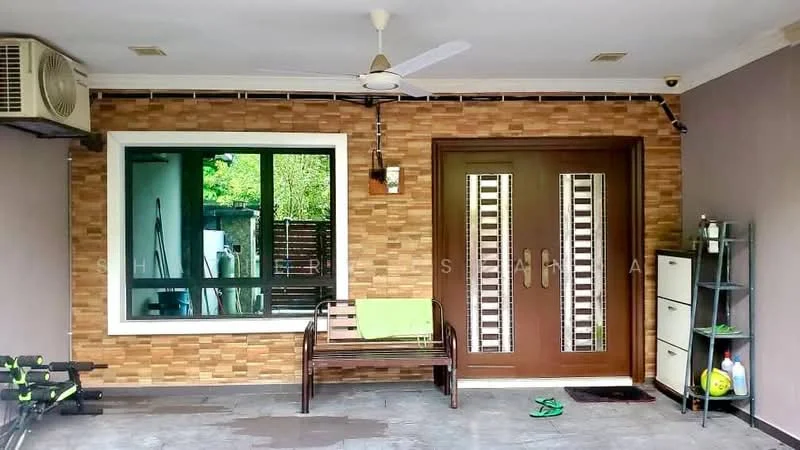 Room features: sliding glass door, wooden front door with vertical slats, cream painted walls, stone feature wall with brown tones, grey tile flooring, ceiling fan, wall-mounted split AC, green towel on bench, metal bench, small shelving unit, decorative wall light; style: modern; view: garden.
