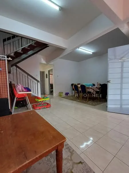 Living features: white painted walls, glossy tile flooring, staircase with wooden railing, dining table with chairs, area rug, ceiling lights, open layout, children's play area with toys; style: modern.