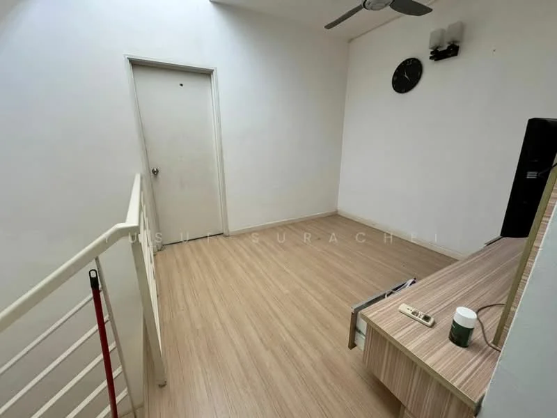Room features: light wood laminate flooring, white painted walls, ceiling fan, wall clock, door, small wall-mounted light fixtures, built-in cabinetry, open space layout; style: modern.