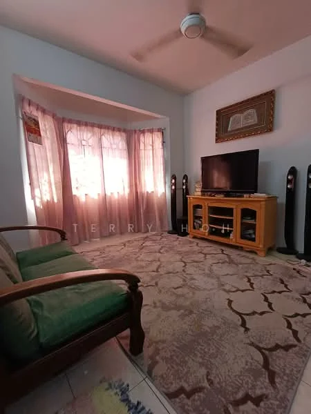 Living features: green fabric sofa, wooden coffee table, TV console with TV, area rug with floral pattern, curtains, ceiling fan, wall-mounted artwork, floor tiles.