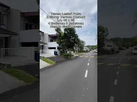 Exterior type: linked terrace house; features: 2-storey structure, corner unit, paved driveway, manicured landscaping, trees along the street, guard house nearby, street view, sidewalk, residential area; style: modern.