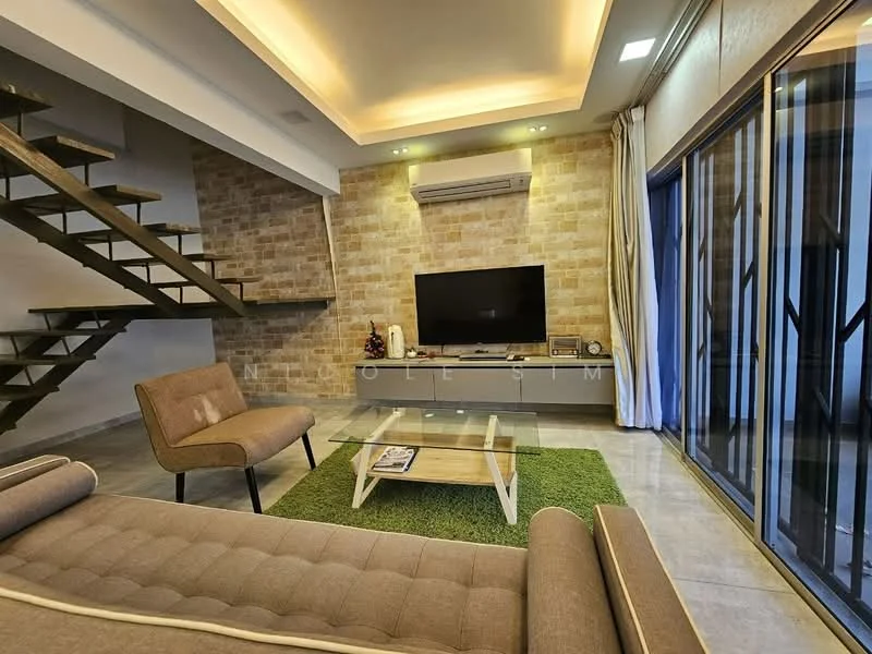 Living features: grey fabric sofa, glass coffee table, green area rug, exposed brick accent wall, wall-mounted TV, air conditioning unit, recessed downlights, large sliding glass doors, wooden staircase, neutral tile flooring; style: modern.