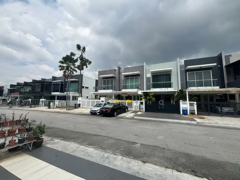 Exterior type: linked terrace house; features: modern facade with a mix of grey and white, two-storey structure, large windows with horizontal slats, paved driveway, landscaped front yard with potted plants, street view with palm trees, concrete boundary wall, parking space in front of each unit; style: modern.