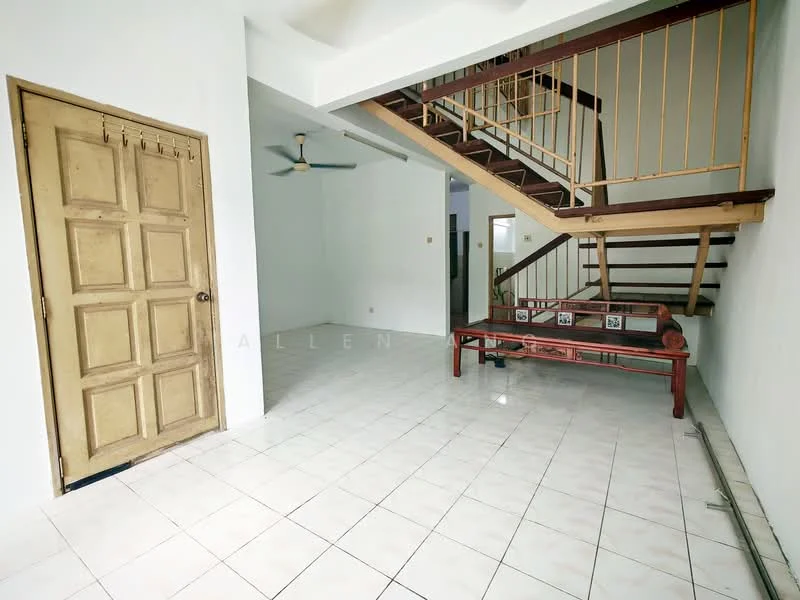 Living features: white painted walls, white tiled flooring, wooden staircase, ceiling fan, wooden door with panel design, open layout, natural light from windows, decorative wooden bench, no visible appliances or furniture; style: minimalist.
