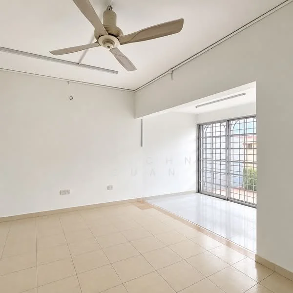 Living features: white painted walls, cream tiled flooring, 5-blade ceiling fan, floor-to-ceiling windows, natural light from windows, sliding glass door, window treatments not visible, no visible furniture; style: minimalist; view: garden.