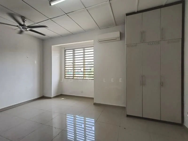 Room features: white painted walls, ceiling fan, 1 wall-mounted split AC, tile flooring, large window with horizontal slats, built-in wardrobe with sliding doors, neutral color cabinetry, natural light from window; style: modern; view: garden.
