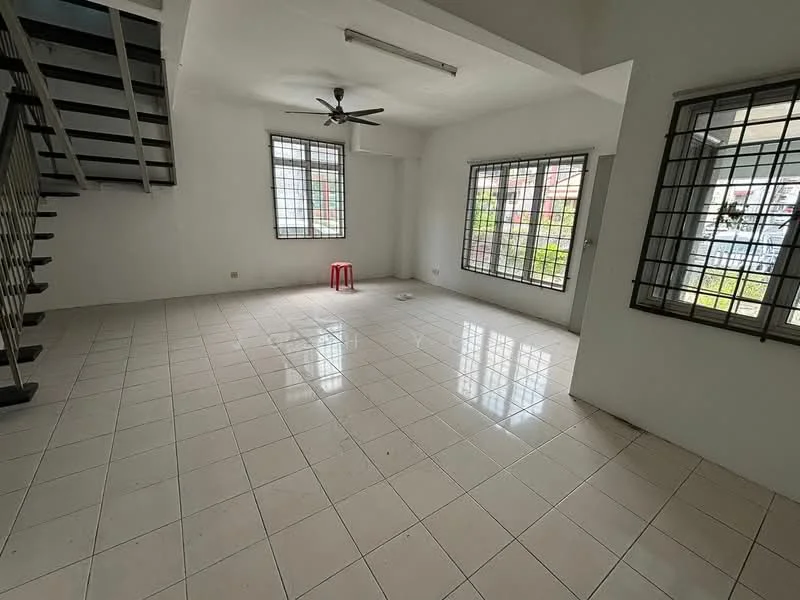 Living features: white painted walls, ceramic tile flooring, 5-blade ceiling fan, floor-to-ceiling windows, window grills, open layout, staircase leading to upper floor, natural light from windows; style: modern; view: garden.