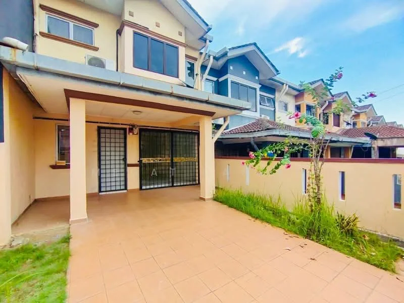 Exterior type: linked terrace house; features: tiled flooring, covered porch area, glass sliding door, grassy area, flowering plants, fenced perimeter, two-storey structure, gabled roof, exterior wall with cream paint, visible neighboring houses; style: modern.