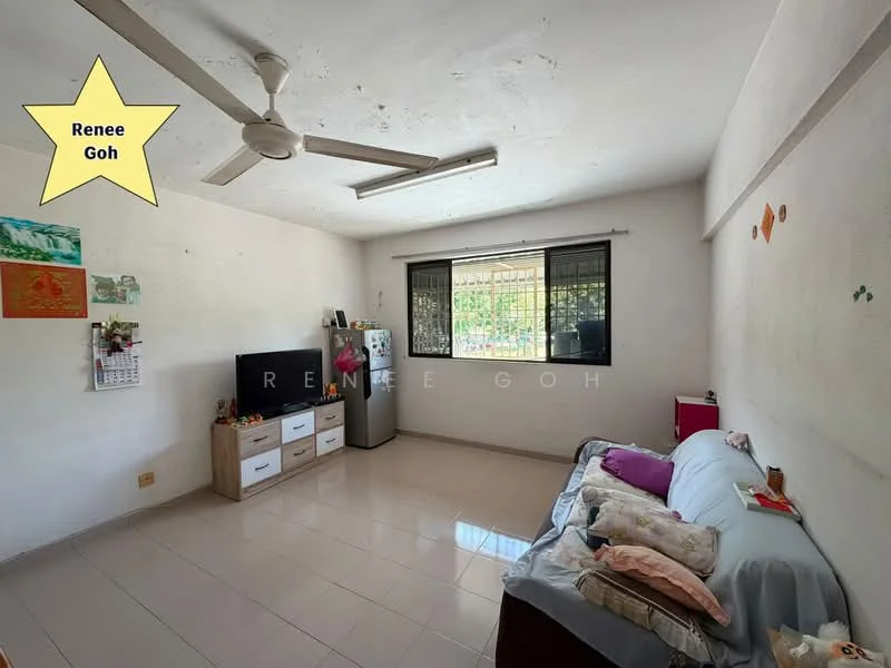 Living features: white painted walls, ceiling fan, large window with security grille, light-colored tiled flooring, sofa with cushions, TV console with storage, refrigerator, decorative wall art, calendar on wall, small side table, area rug.
