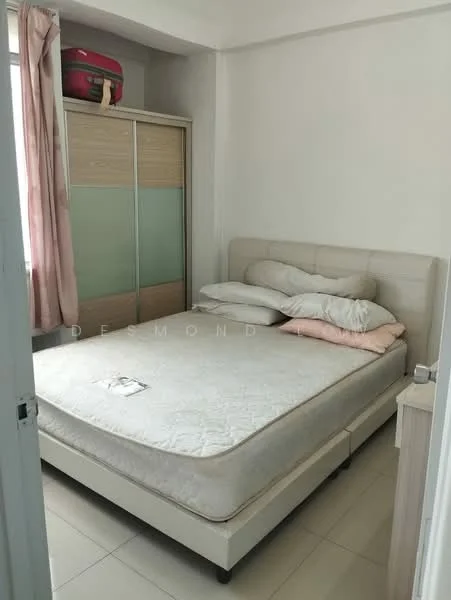Bedroom features: queen-size bed, upholstered headboard, light-colored bedding, wooden wardrobe with sliding doors, floor-to-ceiling window, curtains in light pink, light-colored tiled flooring, decorative pillows; style: modern.