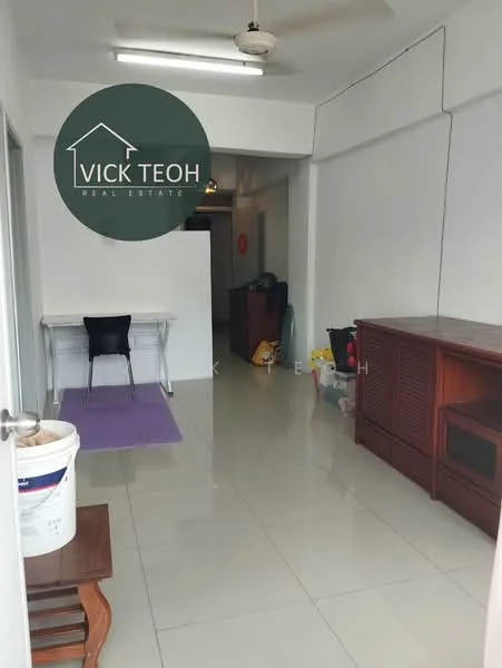 Room features: white painted walls, glossy tile flooring, ceiling fan, wooden sideboard, plastic storage bins, purple area rug, dining table with chairs, open layout; style: modern.