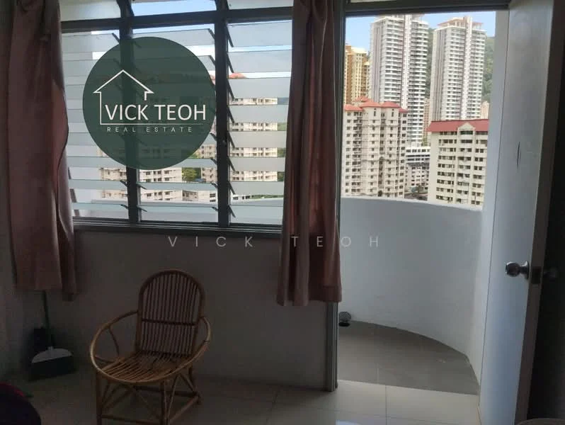 Room features: floor-to-ceiling windows, curtains, tiled flooring, rattan chair, balcony access, city view; style: modern; view: city.