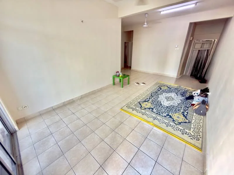 Living features: light-colored painted walls, tiled flooring, ceiling fan, area rug with geometric pattern, green coffee table, sliding glass door, curtains, neutral color scheme.
