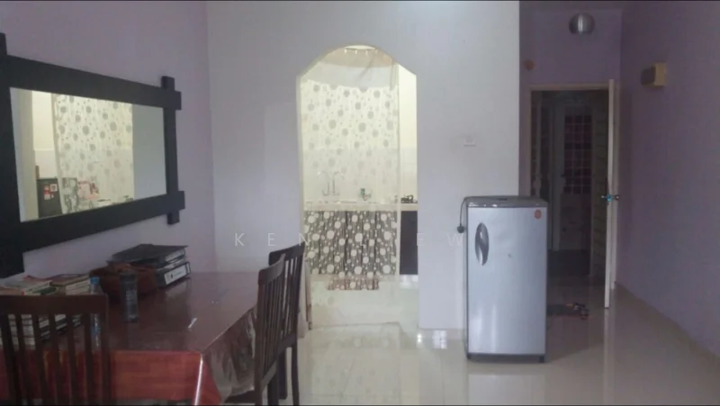 Living features: dining table with chairs, mirror on wall, white walls, glossy floor tiles, refrigerator, doorway leading to kitchen, curtain separating kitchen, light fixture on ceiling. Kitchen features: kitchen sink, kitchen cabinetry, countertop, wall with patterned curtain.