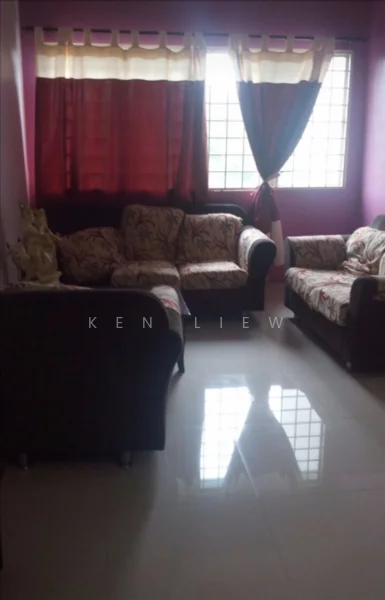 Living features: 3-seater fabric sofa with floral pattern, 2-seater fabric sofa with floral pattern, cream walls, purple accent wall, glossy tile flooring, floor-to-ceiling windows, sheer curtains, blackout curtains, decorative sculpture, coffee table; style: contemporary.
