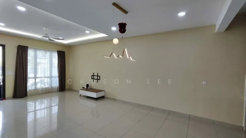Living features: cream painted walls, glossy tile flooring, recessed downlights, 5-blade ceiling fan, modern pendant light, large sliding glass door, floor-to-ceiling windows, curtains, TV console, open space layout; style: modern.