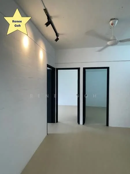 Room features: white painted walls, light-colored flooring, track lighting, ceiling fan, three doorways, neutral color scheme; style: modern.