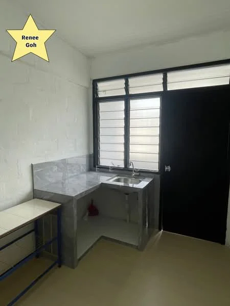 Kitchen features: grey tiled countertop, single-bowl stainless-steel sink, chrome faucet, white painted walls, window with horizontal slats, black door, laminate flooring, open shelving unit; style: modern.