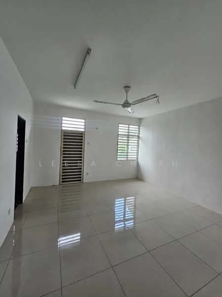 Room features: white painted walls, glossy ceramic tile flooring, 5-blade ceiling fan, large windows with horizontal slats, natural light from windows, neutral color scheme, no visible furniture, open layout; style: modern.