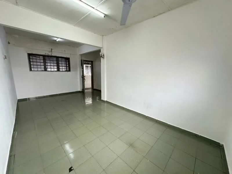 Room features: white painted walls, green ceramic tile flooring, ceiling fan, window with metal grille, door leading to another room, fluorescent lighting.