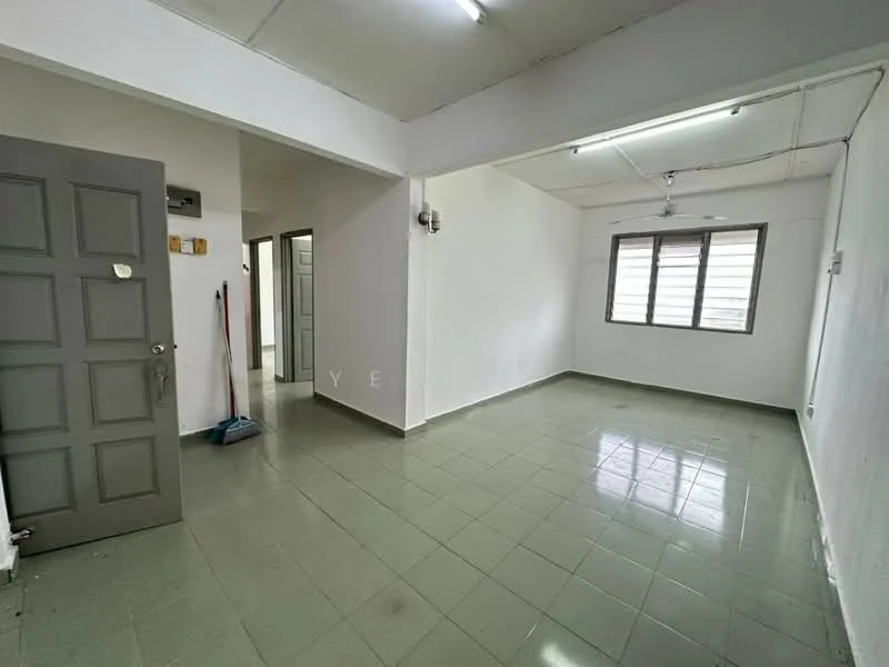 Room features: white painted walls, grey tiled flooring, ceiling lights, window with horizontal slats, door with panel design, corner broom, open layout, no visible furniture; style: minimalist.