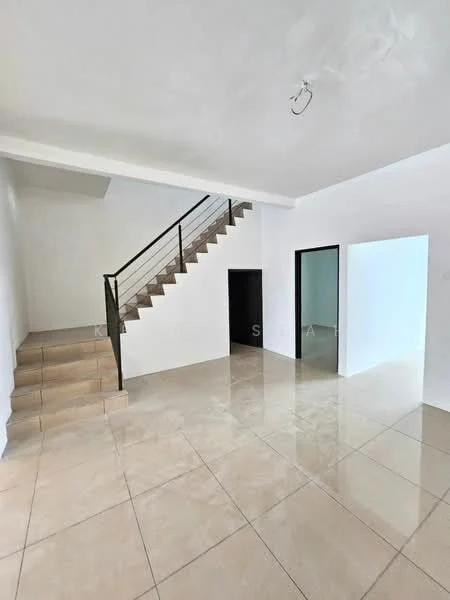 Room features: white painted walls, tile flooring, staircase with metal railing, open layout, large windows, doorway leading to another room, doorway leading to the staircase, neutral color scheme, high ceiling; style: modern.