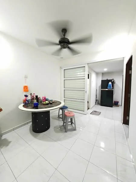 Room features: white painted walls, glossy white tile flooring, 5-blade ceiling fan, round dining table with black base, two stools in grey and pink, sliding glass door, refrigerator, doorway leading to another room; style: modern.