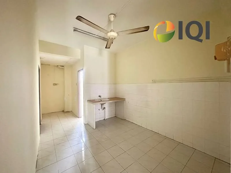 Room features: white painted walls, tile flooring, ceiling fan, single-basin sink, countertop, doorway leading to another room, window for natural light.