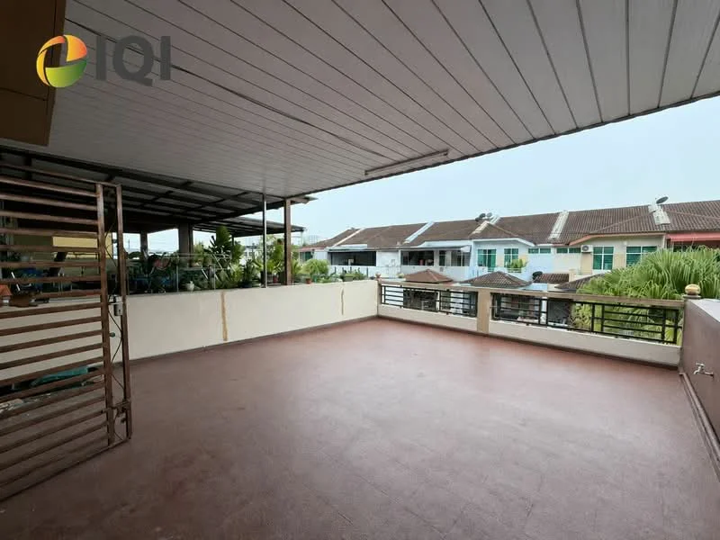 Room features: spacious terrace, concrete flooring, metal railing, overhead roof, surrounding greenery, view of neighboring houses, outdoor space, partially covered area; view: garden.