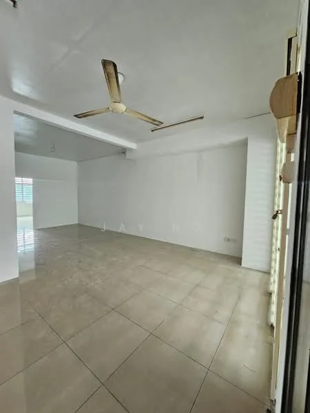 Living features: white painted walls, polished ceramic tile flooring, 5-blade ceiling fan, large windows, natural light, open layout, no visible furniture, neutral color scheme; style: modern.