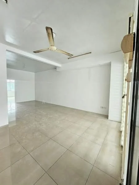 Room features: white painted walls, tile flooring, 5-blade ceiling fan, large windows, natural light, open layout, no visible furniture, smooth ceiling; style: minimalist.