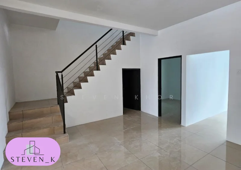 Room features: staircase with metal railing, white painted walls, cream tiled flooring, doorway leading to another room, open space layout, natural light from windows, high ceiling, minimalist design; style: modern.