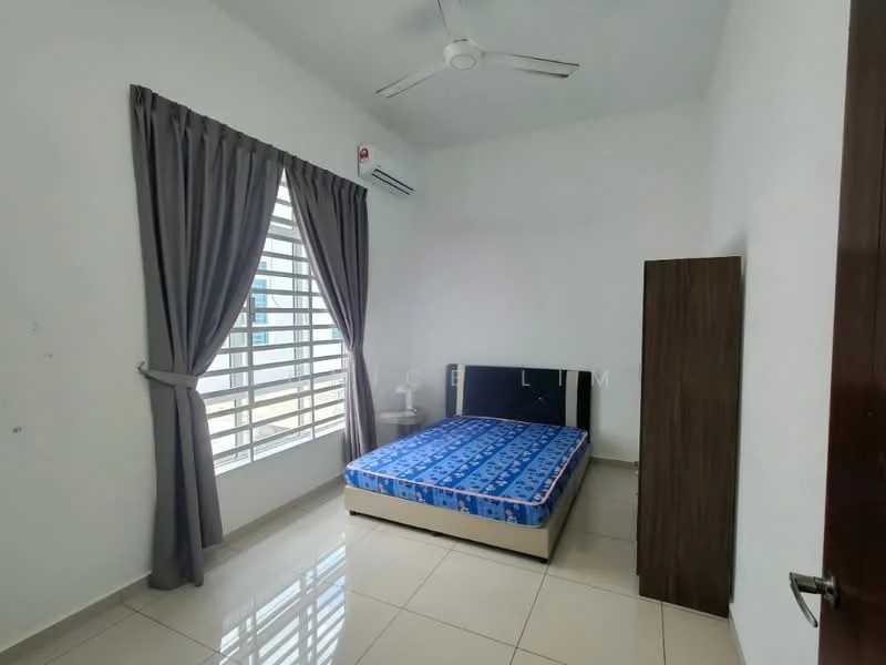 Bedroom features: queen-size bed with blue patterned bedding, white painted walls, cream tiled flooring, floor-to-ceiling windows, grey curtains, ceiling fan, wooden wardrobe, air conditioning unit; style: modern.