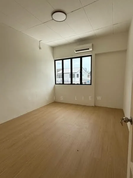 Room features: light wood laminate flooring, white painted walls, ceiling light fixture, wall-mounted split AC, floor-to-ceiling window, window with view of neighboring buildings, plain ceiling, single door; style: minimalist; view: city.