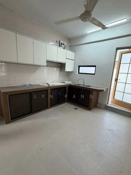 Kitchen features: white cabinetry with flat-panel doors, laminate countertop, single-bowl stainless-steel sink, chrome pull-down faucet, wall-mounted split AC, window with black frame, light-colored tile flooring, ceiling fan, door with glass panels; style: modern.