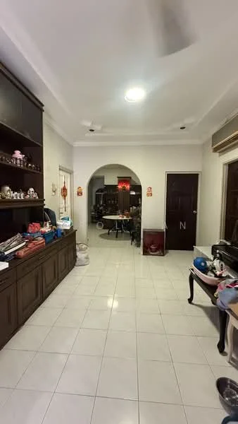 Room features: white painted walls, glossy white tile flooring, recessed ceiling lights, ceiling fan, wooden cabinetry, arched doorway, dining table, decorative items on shelves, dark wood furniture, multiple light sources, open layout; style: modern.