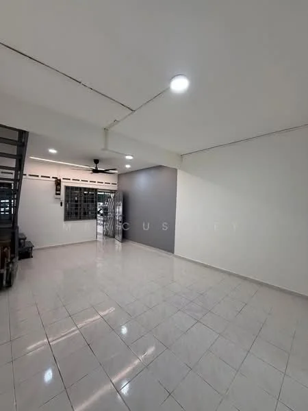 Room features: white painted walls, grey accent wall, glossy ceramic tile flooring, recessed LED downlights, ceiling fan, large windows, open layout, metal security grille; style: modern.