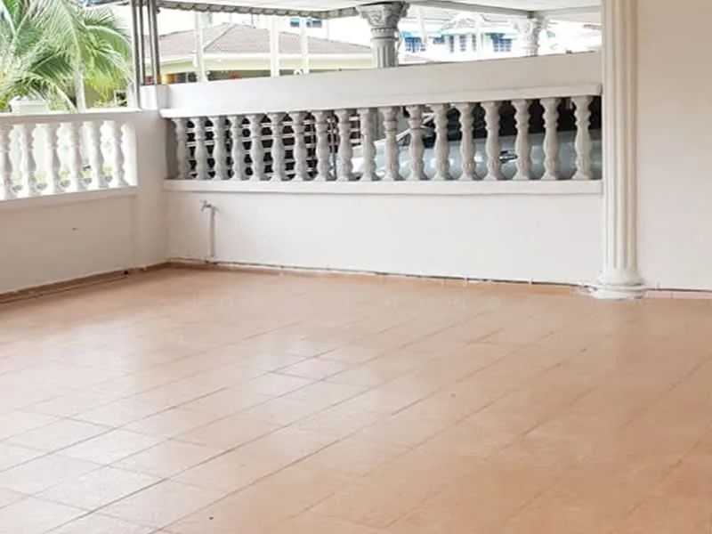 Room features: tiled flooring, white painted walls, balustrade railing, column supports, outdoor space, covered area.