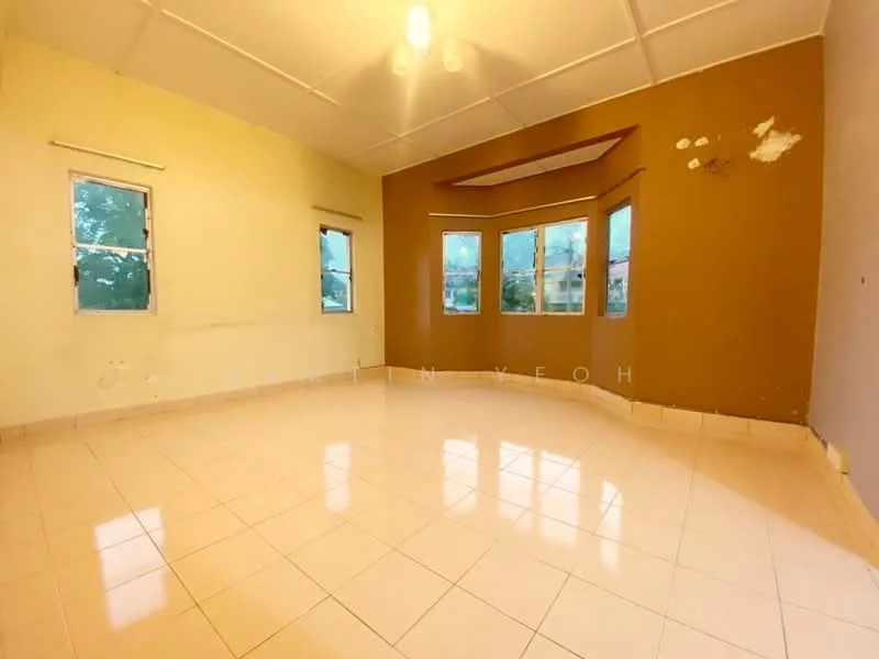 Room features: cream painted walls, brown accent wall, tile flooring, large windows, natural light, ceiling light fixture, smooth ceiling, corner room; view: garden.