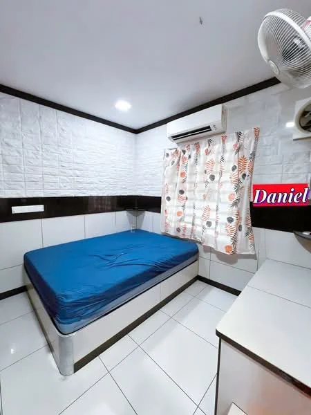 Bedroom features: queen-size bed with blue mattress, white painted walls with textured paneling, black accent wall, white tile flooring, wall-mounted air conditioning unit, curtains with floral pattern, nightstand, ceiling light, decorative wall paneling; style: modern.