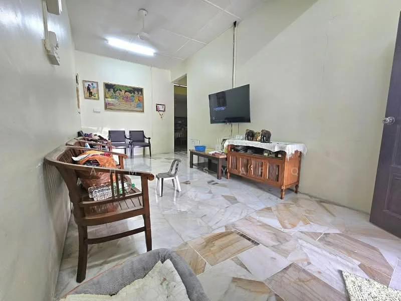 Living features: marble flooring, white painted walls, ceiling fan, wall-mounted TV, wooden coffee table, wooden bench, plastic chair, decorative artwork, open layout, natural light from windows.