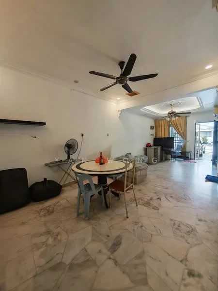 Living features: marble flooring, white painted walls, 5-blade ceiling fan, round dining table, 4 dining chairs, black bean bag chair, wall-mounted shelf, floor-to-ceiling windows, curtains, TV console, sofa, decorative ceiling with recessed lighting; style: modern; view: garden.