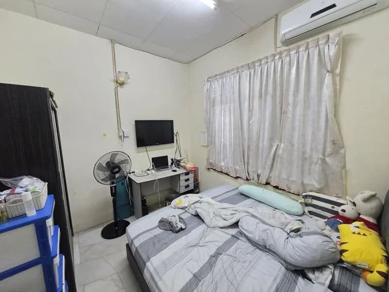 Bedroom features: queen-size bed with grey bedding, wall-mounted TV, white curtains, 1 wall-mounted split AC, ceiling light, desk with computer, black bedside table, standing fan, built-in wardrobe, decorative pillows, marble flooring.
