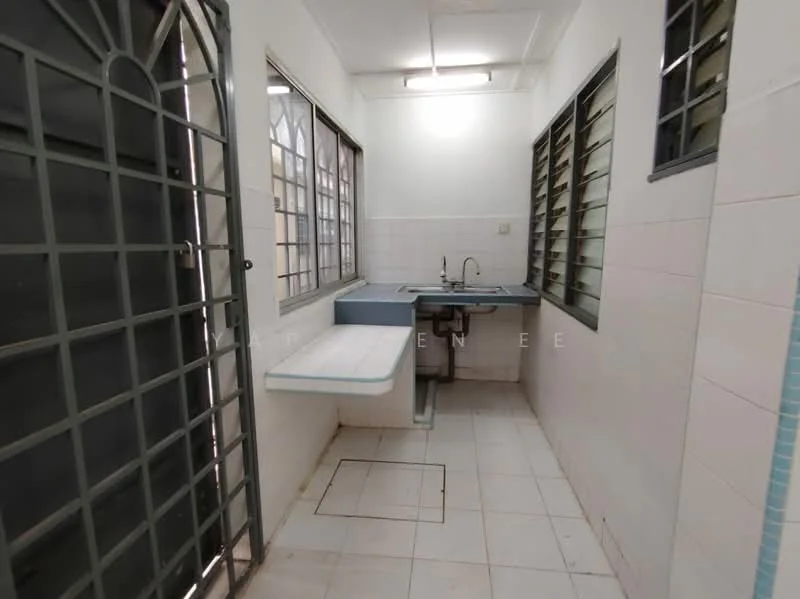 Laundry features: white tiled walls, white tiled flooring, single-bowl stainless-steel sink, chrome faucet, countertop with blue laminate finish, window with metal grille, multiple windows for natural light, built-in countertop for folding clothes, drainage outlet on floor.