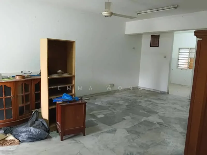 Room features: white painted walls, marble flooring, ceiling fan, wooden cabinet, wooden side table, open space layout, window with grill, exposed electrical wiring.