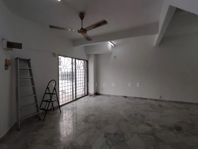 Room features: white painted walls, marble flooring, ceiling fan, floor-to-ceiling windows, sliding glass door, metal ladder, natural light from windows, open layout.