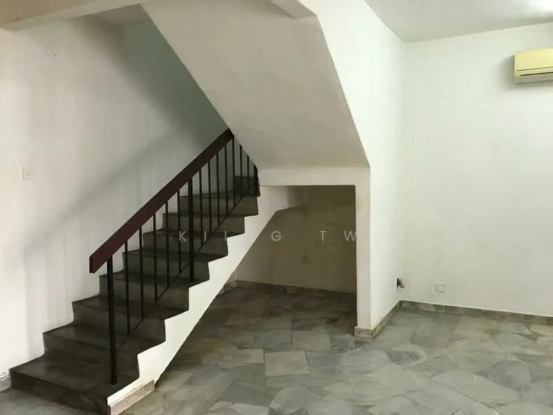 Room features: white painted walls, grey stone flooring, staircase with metal railing, air conditioning unit, corner wall with no visible features; style: minimalist.