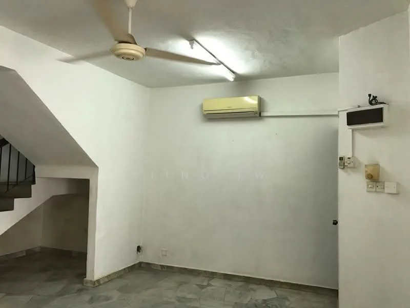 Room features: white painted walls, ceiling fan, 1 wall-mounted split AC, marble flooring, exposed staircase.