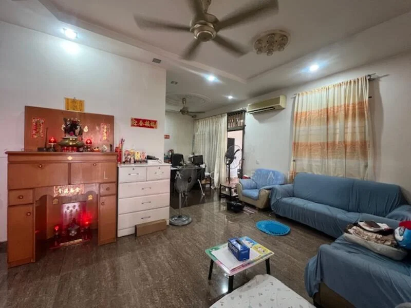 Living features: cream painted walls, marble tile flooring, 5-blade ceiling fan with light, sofa in light blue fabric, sofa in dark blue fabric, wooden cabinet with decorative items, white dresser, area rug, window with sheer curtains, air conditioning unit; style: contemporary.