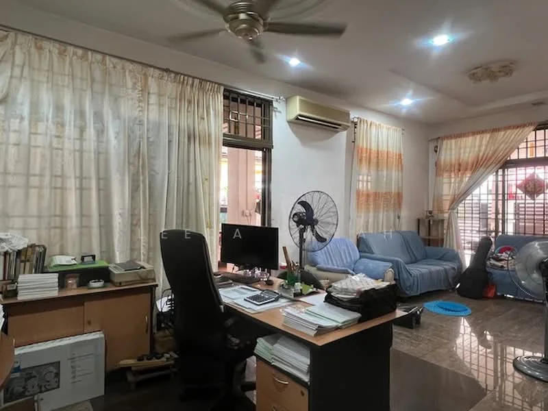 Living features: 3-seater fabric sofa in light blue, ceiling fan, wooden flooring, wall-mounted air conditioning unit, large windows with sheer curtains, decorative ceiling rose, coffee table, office desk with chair, standing fan, wall-mounted shelving, framed artwork, area rug; style: contemporary.